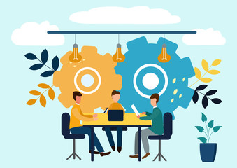 Vector flat illustrations, brainstorming, business concept for teamwork, search for new solutions, small people sit on light bulbs in search of ideas.