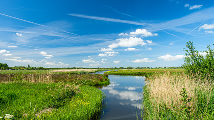 Beautiful polder landscape with the reflections of the sky in a wide ditch, near Rotterdam, the...