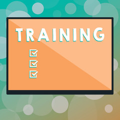 Text sign showing Training. Conceptual photo action of teaching demonstrating animal particular skill type of behaviour Rectangular Shape Form in half diagonal split two toned shade with Border