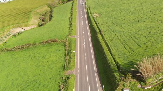 Drone Azores Portugal European Country Highway through green Tea pastures