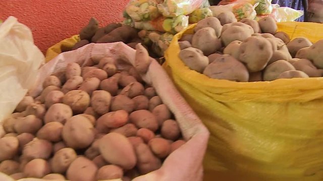 An extreme close up of a sack of green vegetable placed close to a wall painted red