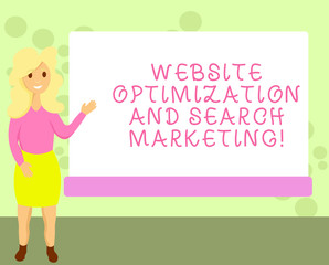 Conceptual hand writing showing Website Optimization And Search Marketing. Business photo showcasing Search engine optimization Female Hu analysis Presenting Rectangular Blank Whiteboard