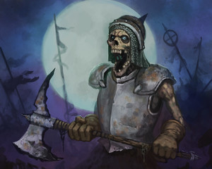 Terrifying skeleton warrior carrying an ax into battle in front of a large full moon - digital fantasy painting