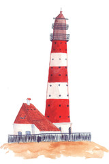 A bright beacon with a piercing beam that helps and saves ships. Watercolor hand drawn illustration