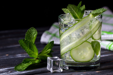 Infused cucumber drink with mint. Detox water.Selective focus