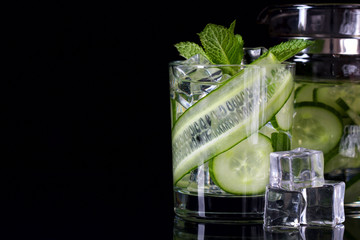 Infused cucumber drink with mint. Detox water.Selective focus