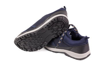 black and blue outdoor empty lightweight waterproof breathable fabric sneakers isolated on white...