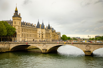 View of the Commercial Court of Paris and river Seine seen from Pont d'Arcole, France