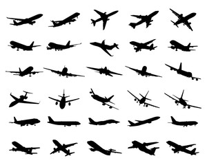 Black silhouettes of planes on a white background