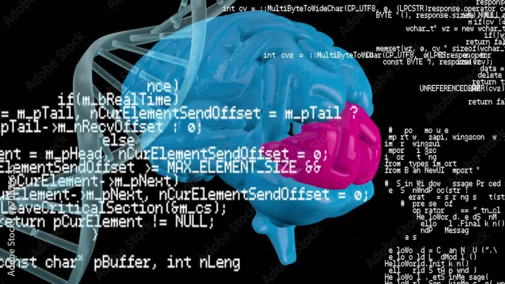 Poster brain and dna helix with program codes