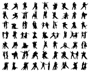 Black silhouettes of dance players on a white background 