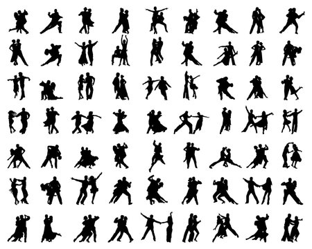 Black silhouettes of dance players on a white background 