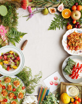 Design with variety of fruit and cuisine