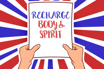 Conceptual hand writing showing Recharge BodyandSpirit. Business photo showcasing fill your energy through relaxation and having fun White paper handwritten lines text blue red waves pattern