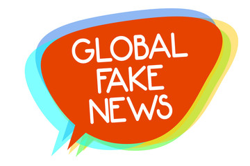 Conceptual hand writing showing Global Fake News. Business photo showcasing False information Journalism Lies Disinformation Hoax Multiline text layer design pattern red background think