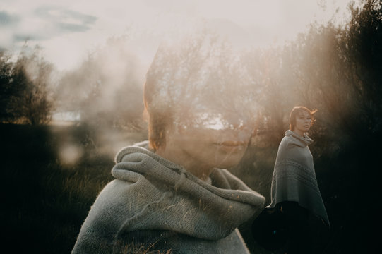 Double exposure portraits of a young woman