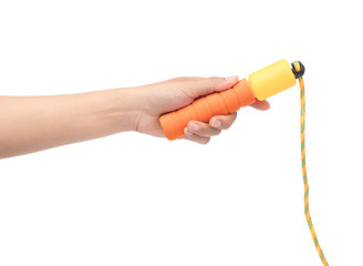 hand holding skipping rope for an exercise isolated on white background
