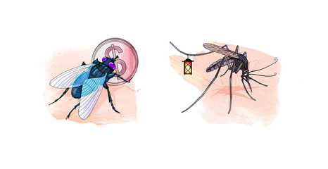 Insects. Fly with a coin. Mosquito with a flashlight. Humorous illustration