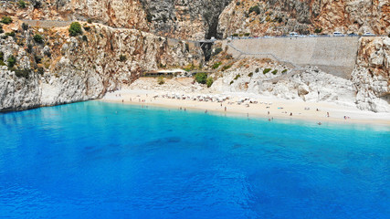 Aerial. Beautiful Kaputas beach with turquoise water, Turkey. One of the world best beaches. Picturesque sea bay in southwestern Turkey. 