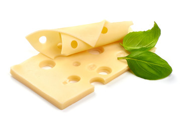 Maasdam cheese slices, macro, isolated on white background