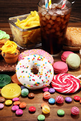 Unhealthy products with sugar. food bad for figure, skin, heart and teeth.