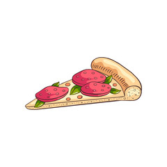 Slice of tasty pepperoni pizza, with cutted sausage and leafs