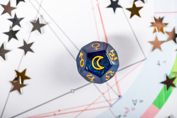 Astrology Dice with symbol of the Moon on Natal Chart Background