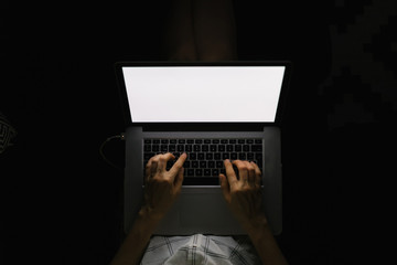 young woman with laptop on the sofa at night