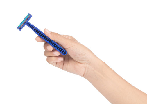 Hand Holding Blue Of Shaving Razor Isolated On White Background