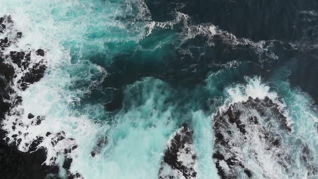 Aerial Drone Azores Portugal wave breaking on the rocks