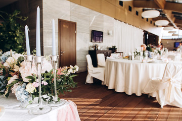 luxury wedding table with beautiful flowers. pink stylized