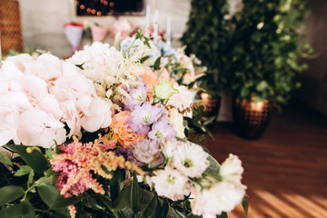 luxury wedding table with beautiful flowers. pink stylized