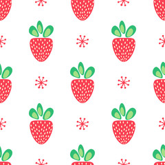 Strawberry vector seamless pattern of red berries with green leaves in simple decorative style on white background.