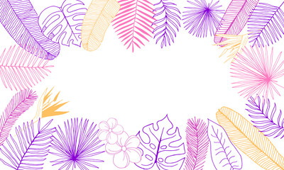 Fototapeta na wymiar Frame of tropical leaves hand-drawn outline of purple, pink and orange foliage on white background with blank space in center.