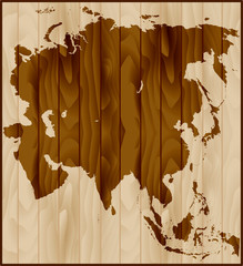 Vector map of Asia on wood background