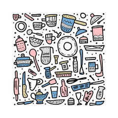 Set of vector kitchen equipments in doodle style.