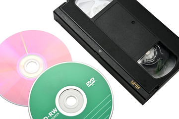 Videotapes for home use on a white background.Videocassette