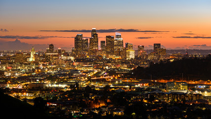Downtown Los Angeles skyline at sunset