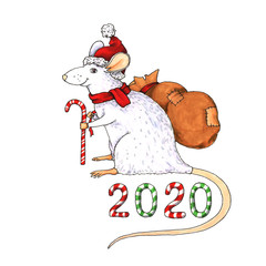 Xmas Rat in Red Santas Hat and Santas Staff. Chinese Zodiac Animal with Gift Bag and 2020 Candy Cane Lettering. Christmas Holiday Isolated Illustration
