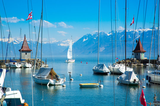 Picturesque little port and sailing boats on Lake Geneva in Morges