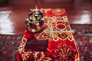 wedding ceremony in the Orthodox Church. Golden crown at the wedding ceremony.