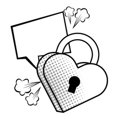 Pop art padlock heart shape in black and white