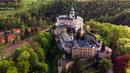 Aerial view of Medieval Gothic and Renaissance style castle on top of the hill in Frydlant, Czech...
