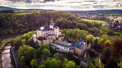 Aerial view of Medieval Gothic and Renaissance style castle on top of the hill in Frydlant, Czech Republic.