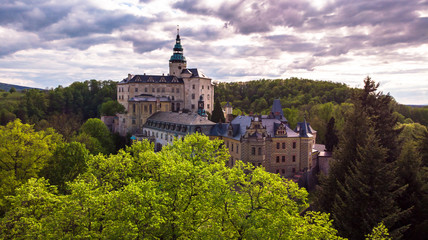 Obraz premium Aerial view of Medieval Gothic and Renaissance style castle on top of the hill in Frydlant, Czech Republic.