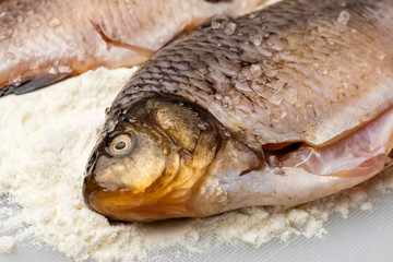 Fresh fish crucian with coarse salt. Cooking meals, closeup