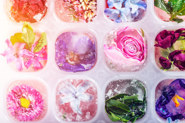 Tray with Frozen Flowers in Ice Cubes on grey Background, top view, copy space for text