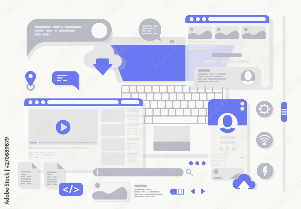Poster vector illustration of web pages, open notebook, web interface, web design elements template