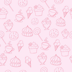 Hand drawn vector seamless pattern with desserts.  