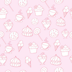 Hand drawn vector seamless pattern with desserts.  